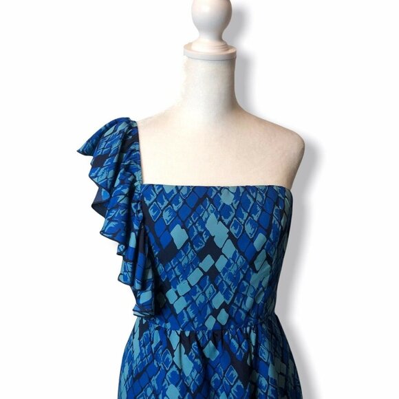 GIANNI BINI - Size 4 Blue Carmella Diamond Print One Shoulder Ruffle Dress - Picture 3 of 12